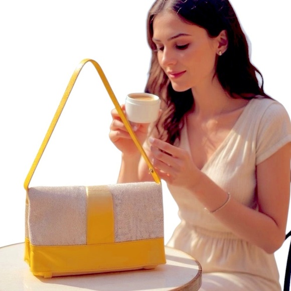 MODUS RIO Yellow Leather & Refined Linen Shoulder Bag /Oversized Clutch Neutral - Picture 8 of 16